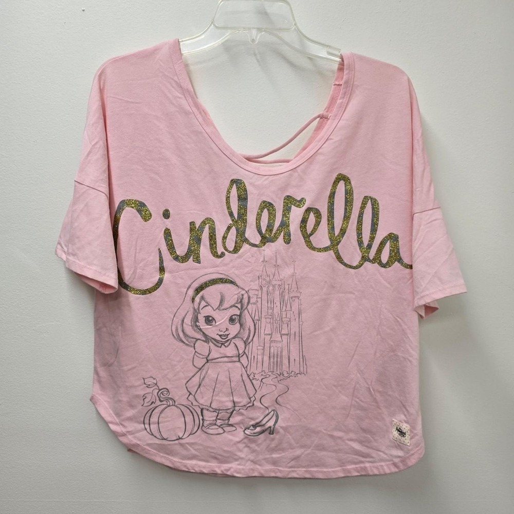 Disney Store Cinderella Pink Glitter Graphic Print V-Neck T-Shirt Womens L